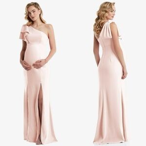 DESSY COLLECTION One Shoulder Maternity Formal Dress Size 10 Blush Pink Bow Maxi